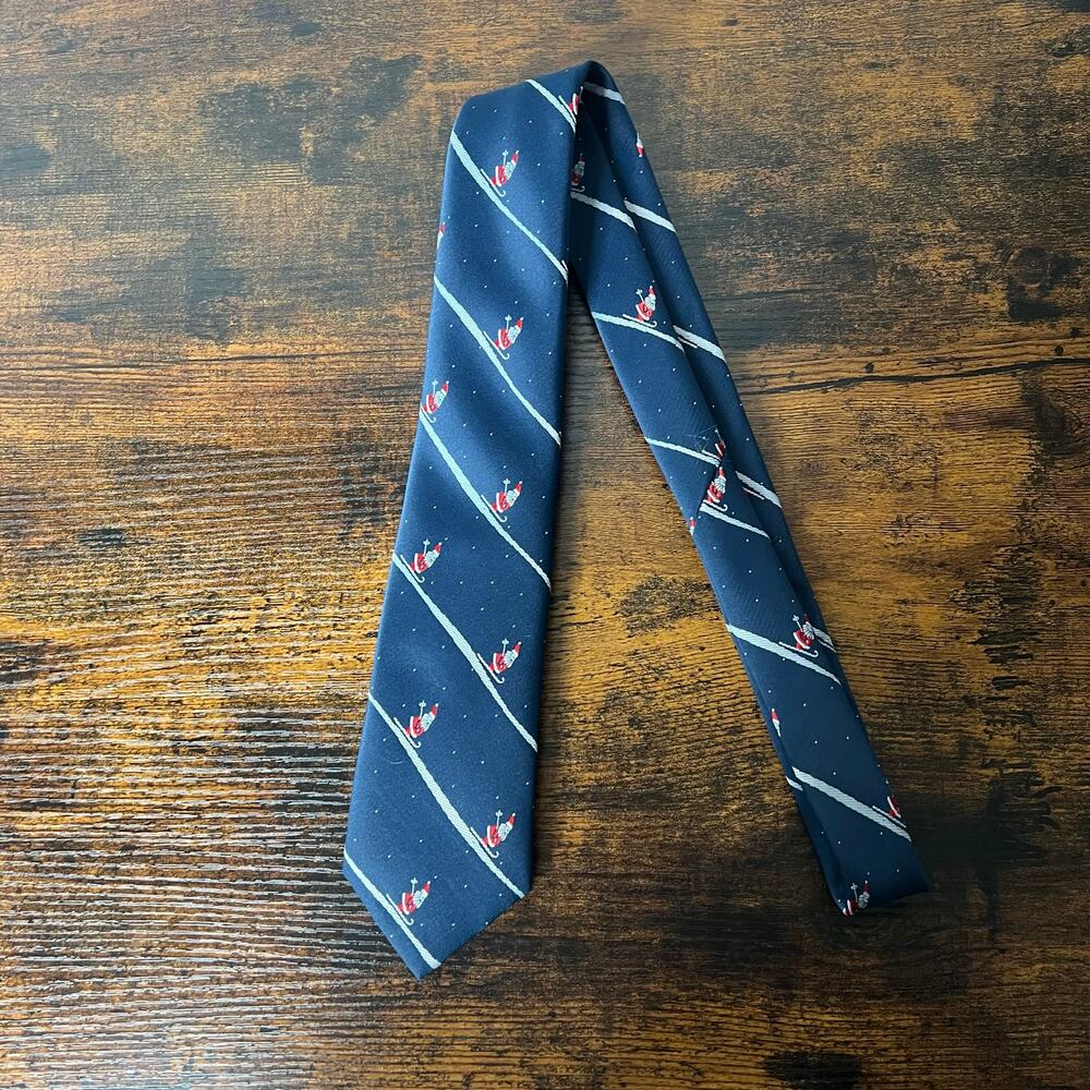 Christmas Santa Tie Skiing 3"‎ Slim Necktie Navy Red Novelty Snow Stripe Holiday